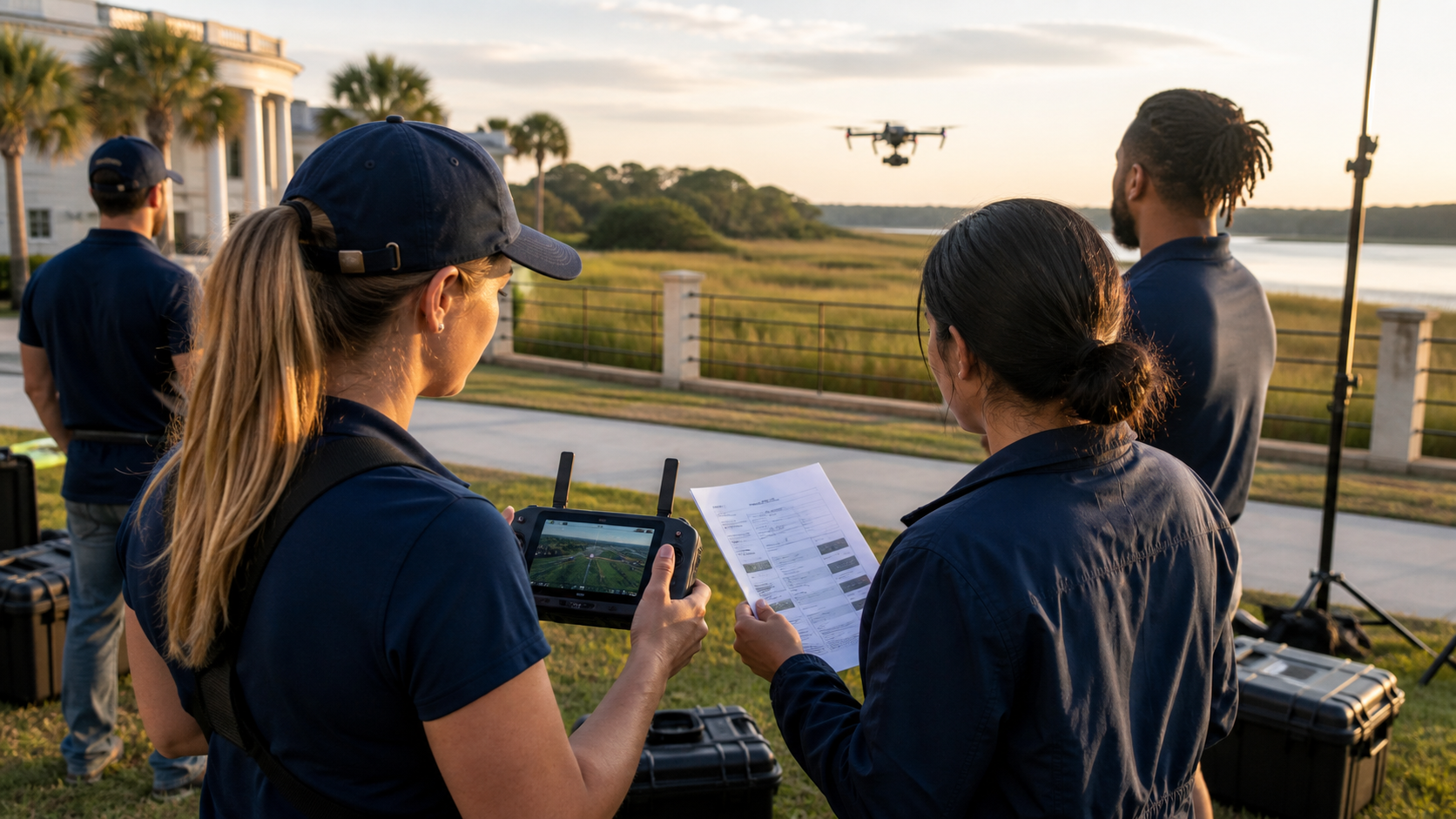 Illustrative production team coordinating a custom aerial shot with a professional drone pilot
